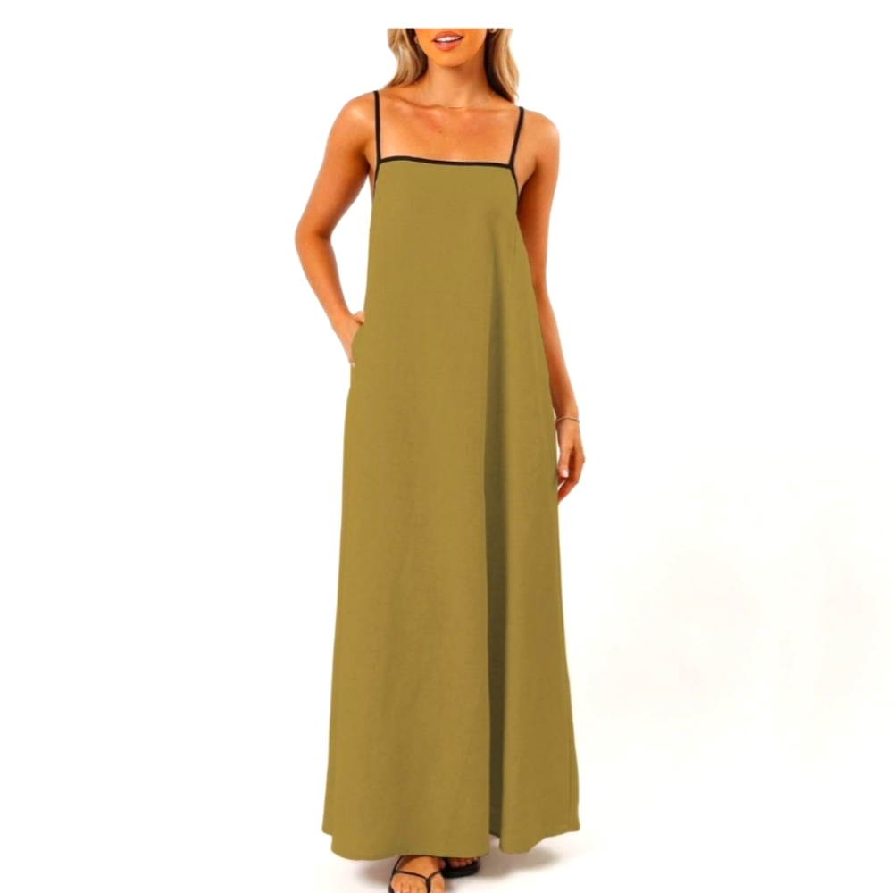 Olive Green Maxi Slip Dress with Contrast Trim